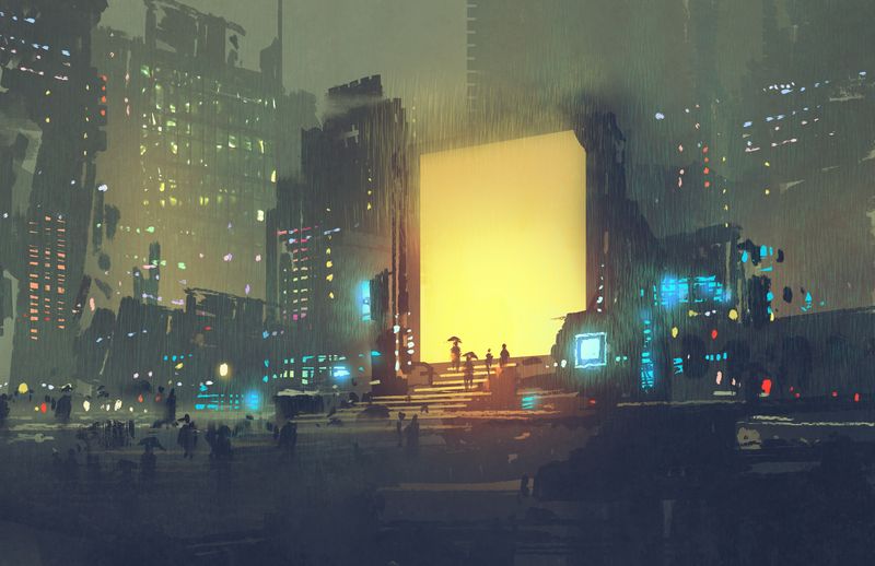 Silhouetted people climb rain-soaked steps toward a glowing doorway in a dark neon city.