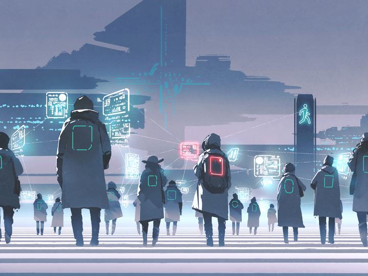 A crowd crossing a street in NYTE City, each person wrapped in glowing data readouts.