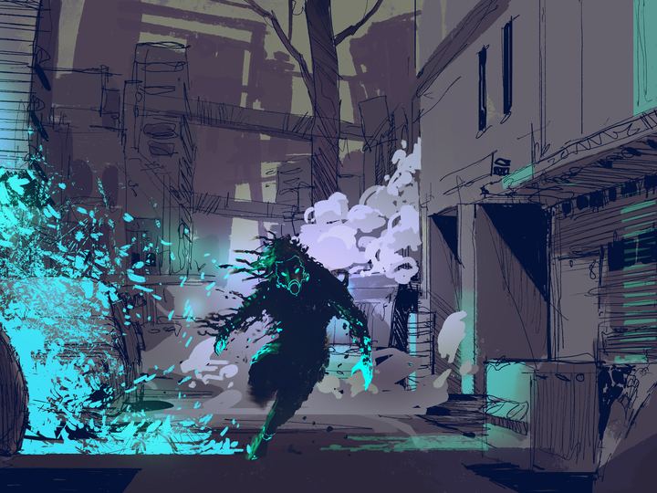 A spectral cyan figure bursting through a dark back alley.